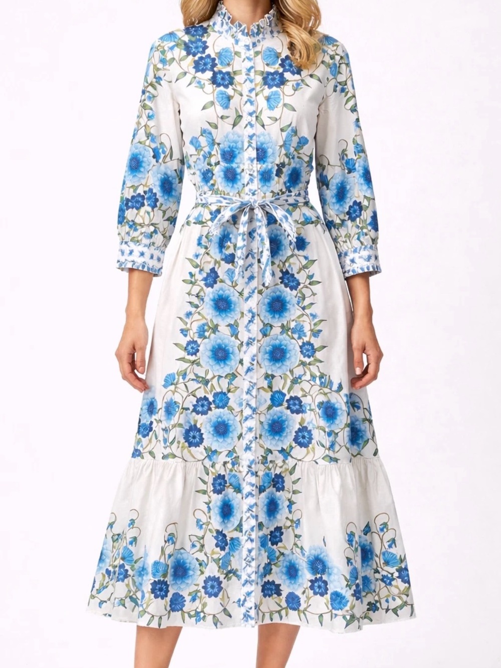 Borgo De Nor White Midi Dress with Blue Floral Print and Tie Waist